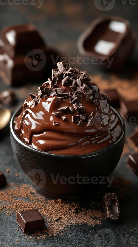 Rich chocolate mousse with chocolate shavings in a black bowl on a dark surface photo