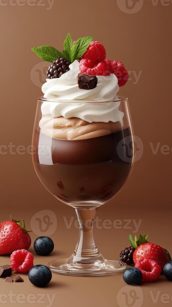 Delicious dessert with layers of chocolate cream and fresh berries garnished with mint on a neutral background photo