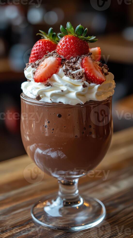 Decadent chocolate dessert topped with strawberries and whipped cream served in a restaurant setting photo