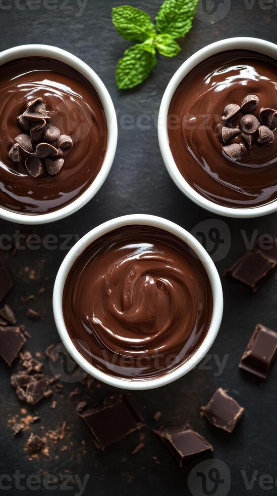 Rich chocolate mousse served in three bowls with chocolate chips and mint leaves on a dark surface photo