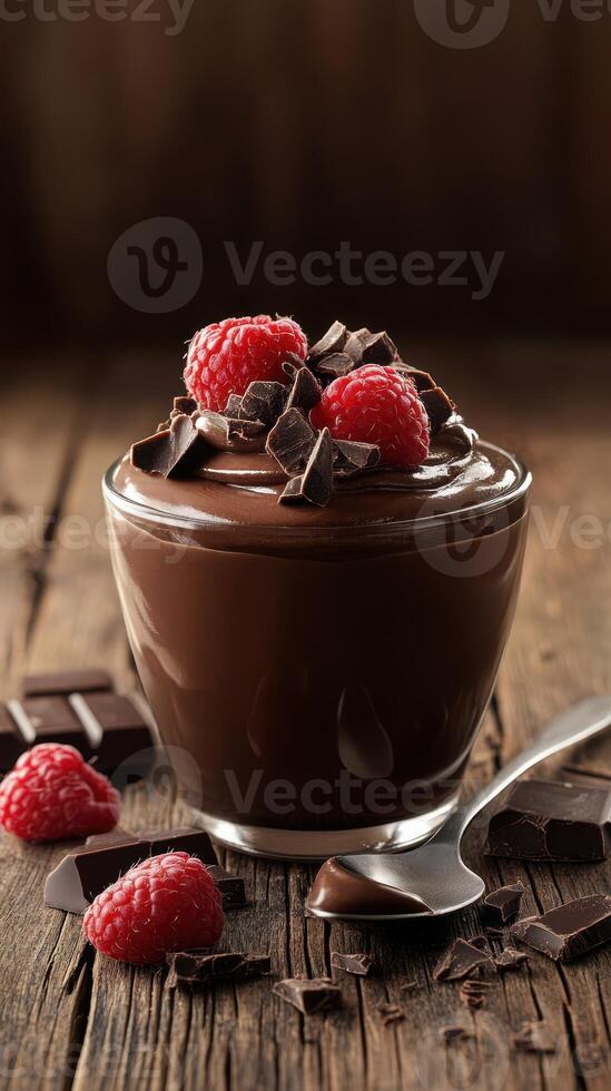 Rich chocolate mousse topped with fresh raspberries and dark chocolate shavings on a wooden table photo