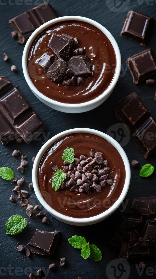 Dark chocolate mousse topped with mint leaves and chocolate pieces served in white bowls photo