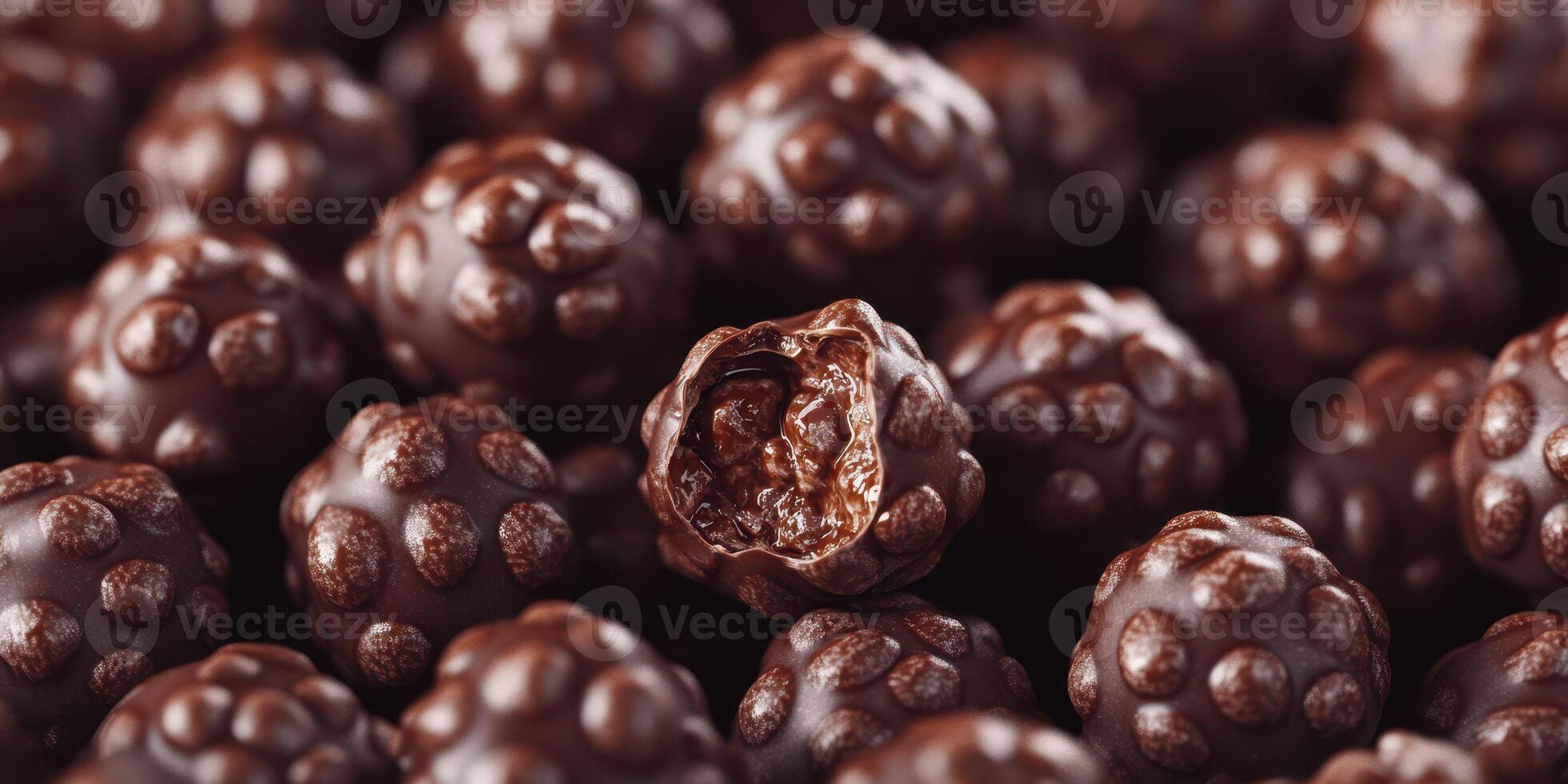 Chocolate candies with textured surface and one piece showing filling on a colorful background photo