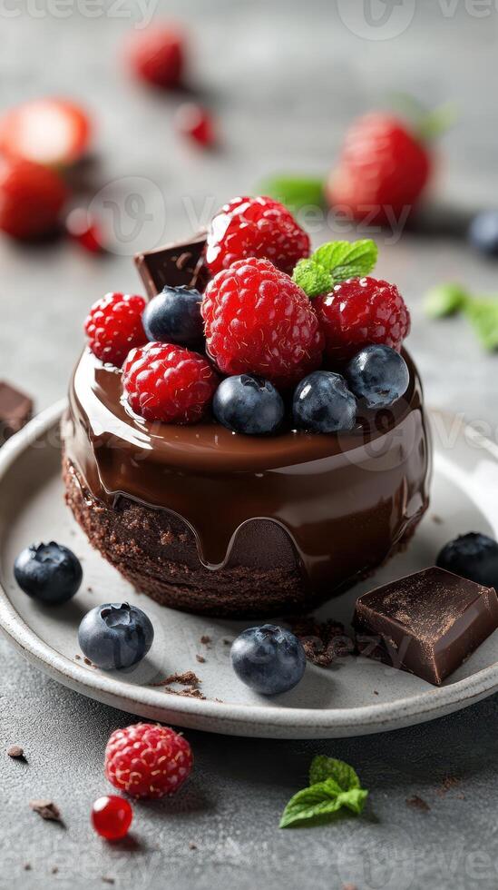 Tempting chocolate cake topped with fresh raspberries and blueberries garnished with mint leaves photo