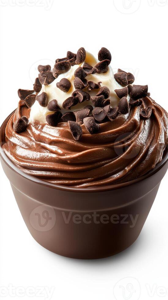 Delicious chocolate dessert topped with cream and chocolate chips enjoyed in a cozy kitchen setting photo