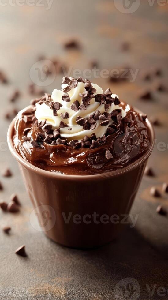 Rich chocolate mousse topped with whipped cream and chocolate chips in a dessert bowl photo