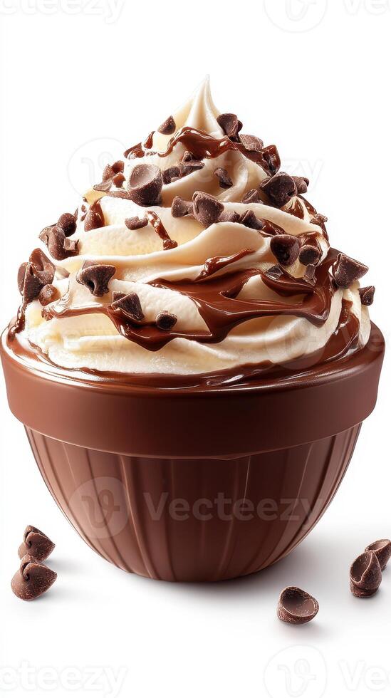 Delicious dessert featuring creamy swirls topped with chocolate drizzle and chocolate chips in a brown bowl photo