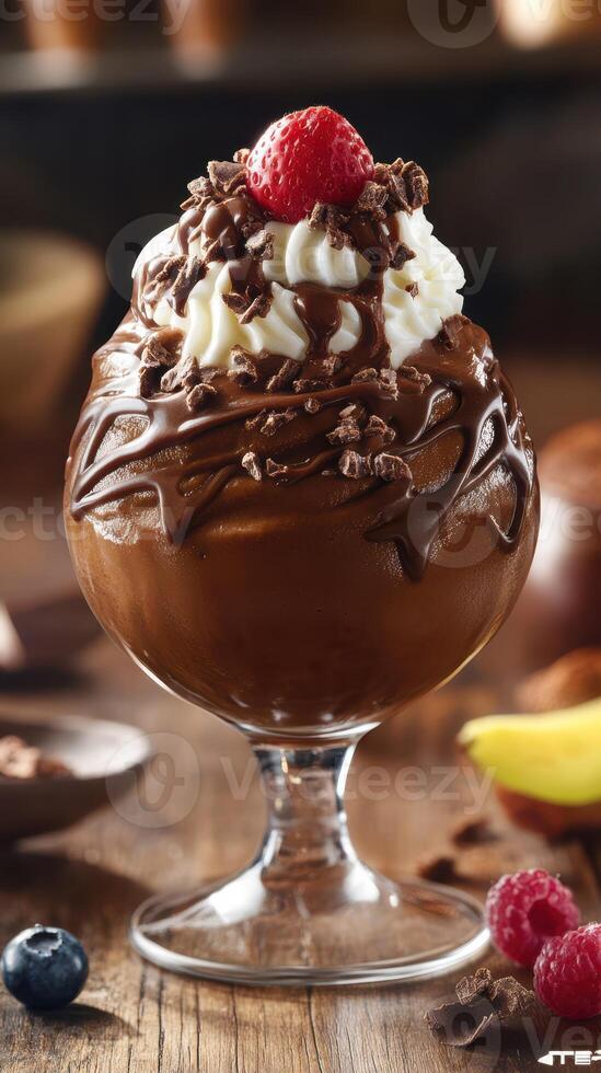Delicious chocolate dessert topped with whipped cream and fresh strawberries in a rustic cafe setting photo
