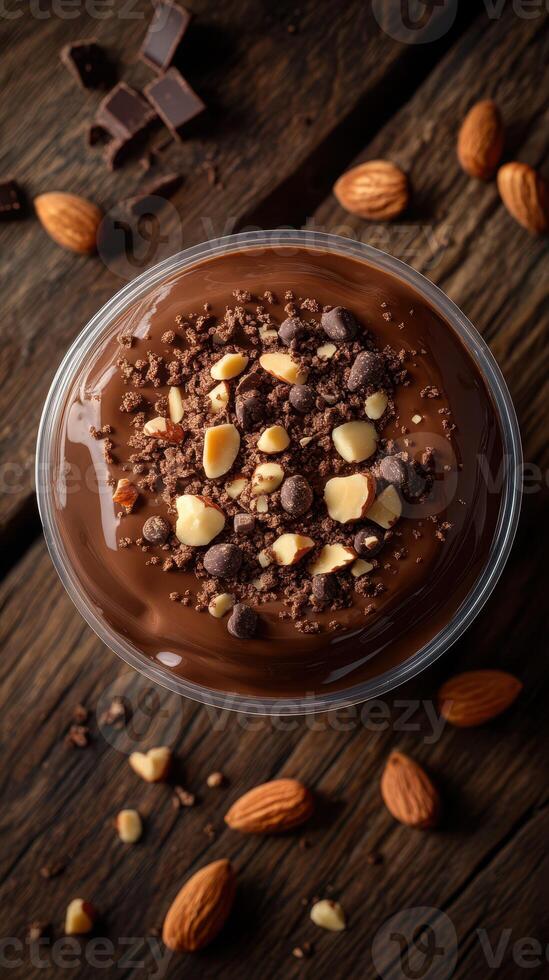 Delicious chocolate dessert topped with nuts and crunchy pieces ready to be enjoyed in a cozy setting photo