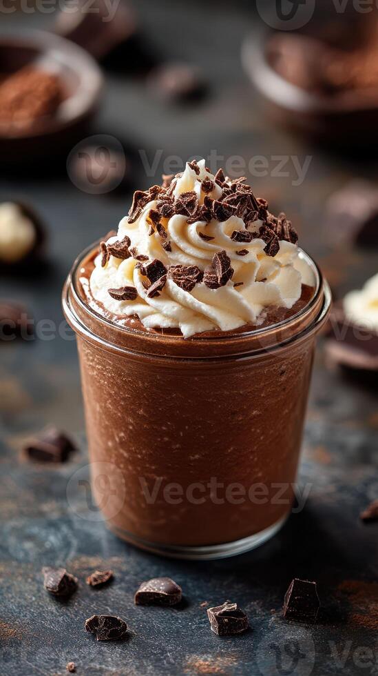 Creamy chocolate mousse topped with whipped cream and chocolate shavings in a glass jar photo