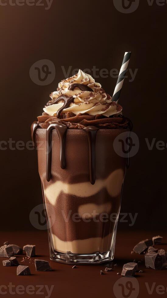 Creamy chocolate milkshake topped with whipped cream and chocolate drizzle in a stylish glass on a dark background photo