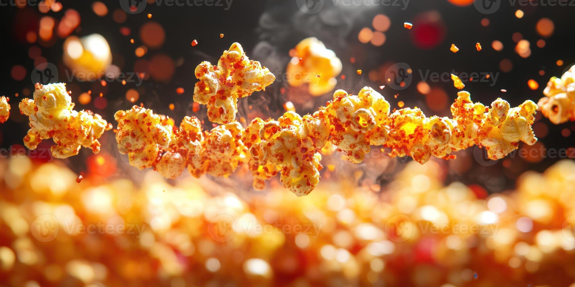 Colorful popcorn kernels floating in air, creating a dynamic visual against a dark background photo