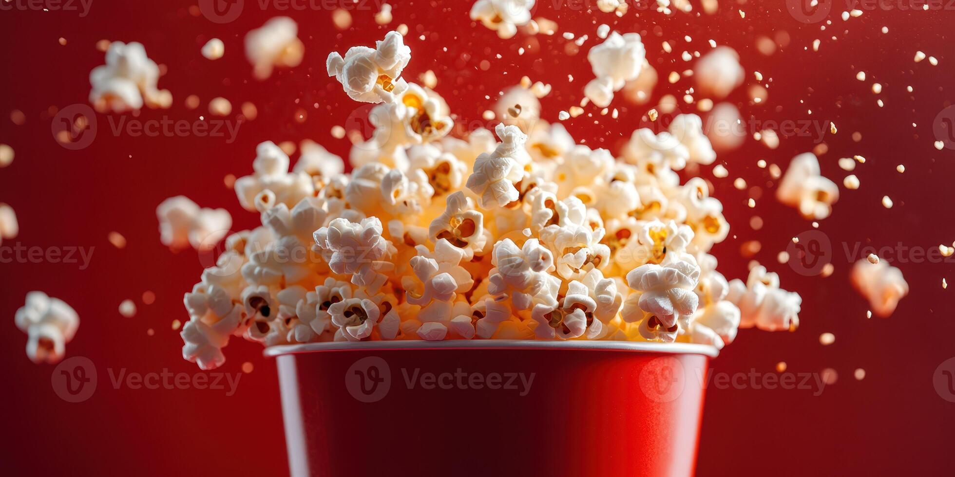 Delicious popcorn bursting from a red container against a vibrant backdrop photo