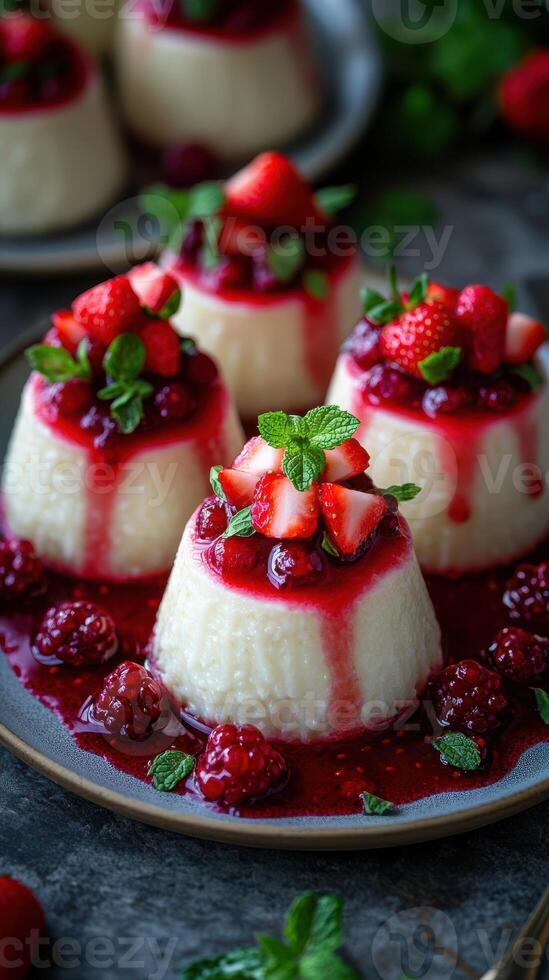 Delicious panna cotta topped with strawberries and raspberries served on a rustic table photo