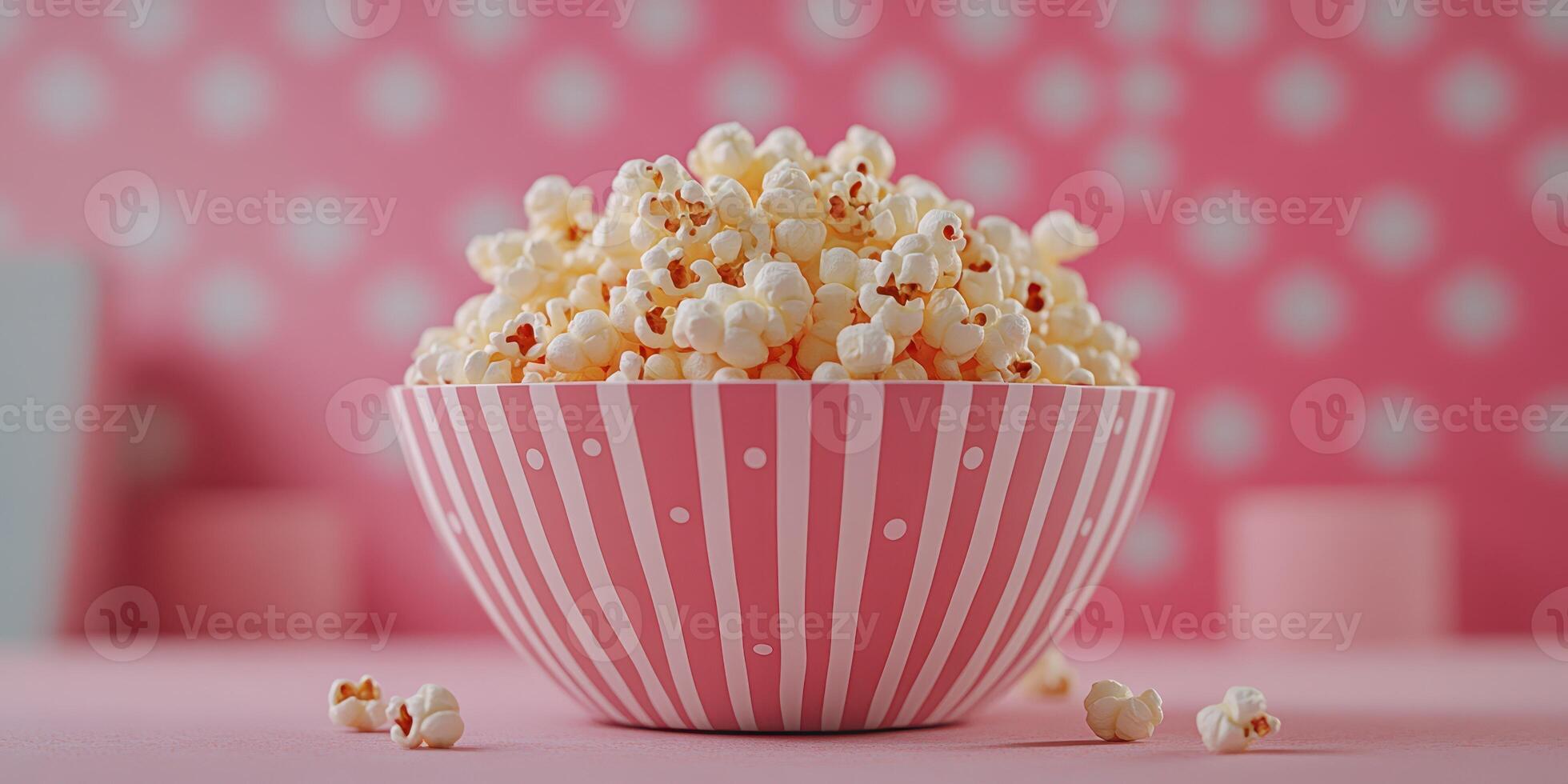Colorful bowl of popcorn against a vibrant pink background with polka dots in a cheerful setting photo