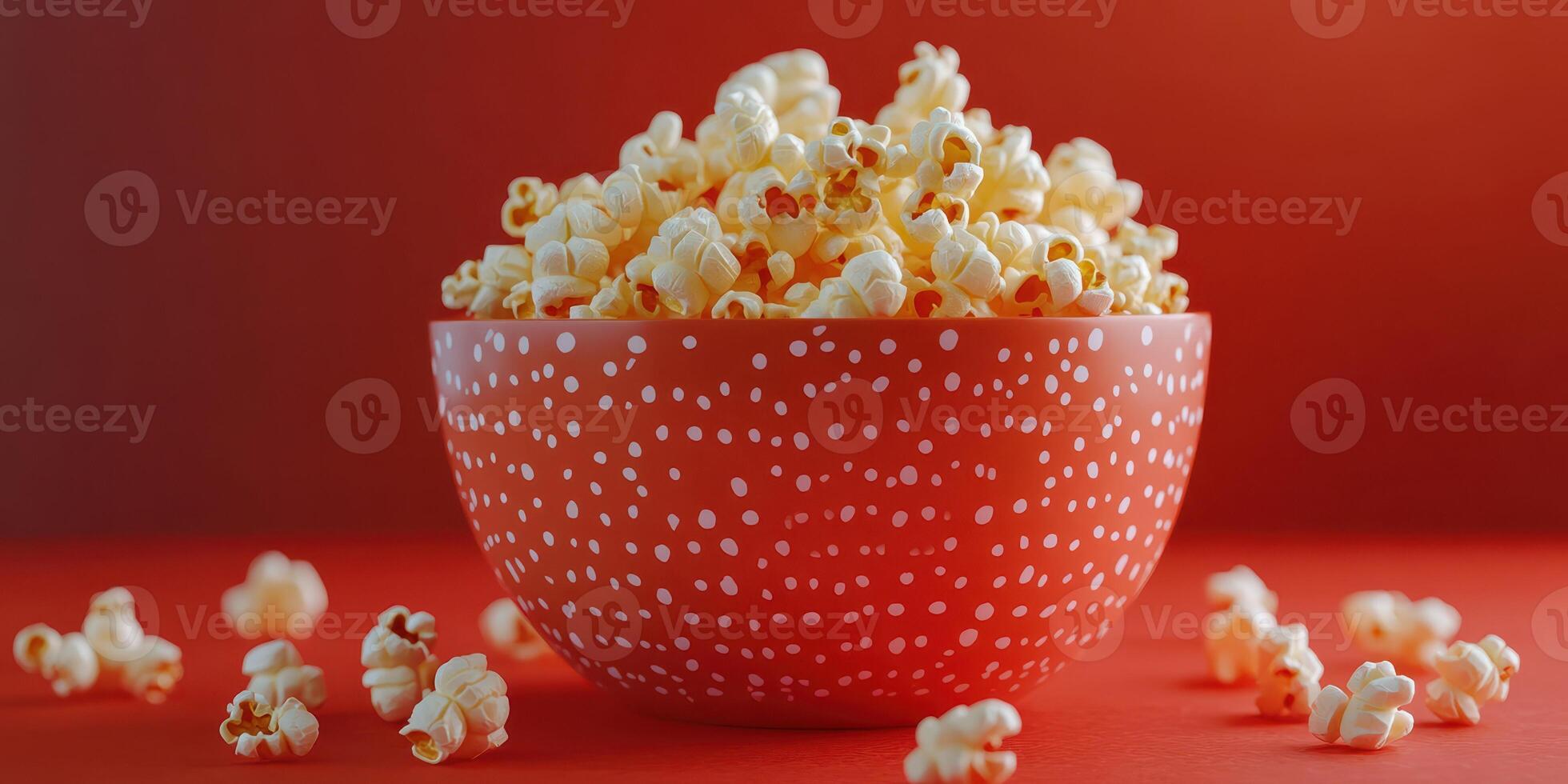 Bright red bowl filled with fluffy popcorn against a vibrant red background creating a cozy snack setting photo
