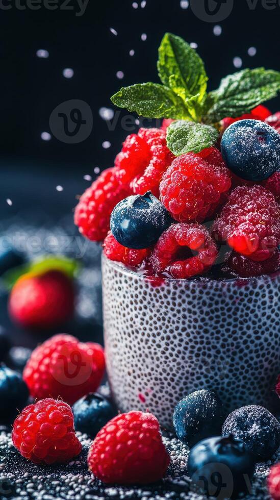 Colorful fresh raspberries and blueberries garnished with mint in a textured bowl with sugar dusting on a dark background photo