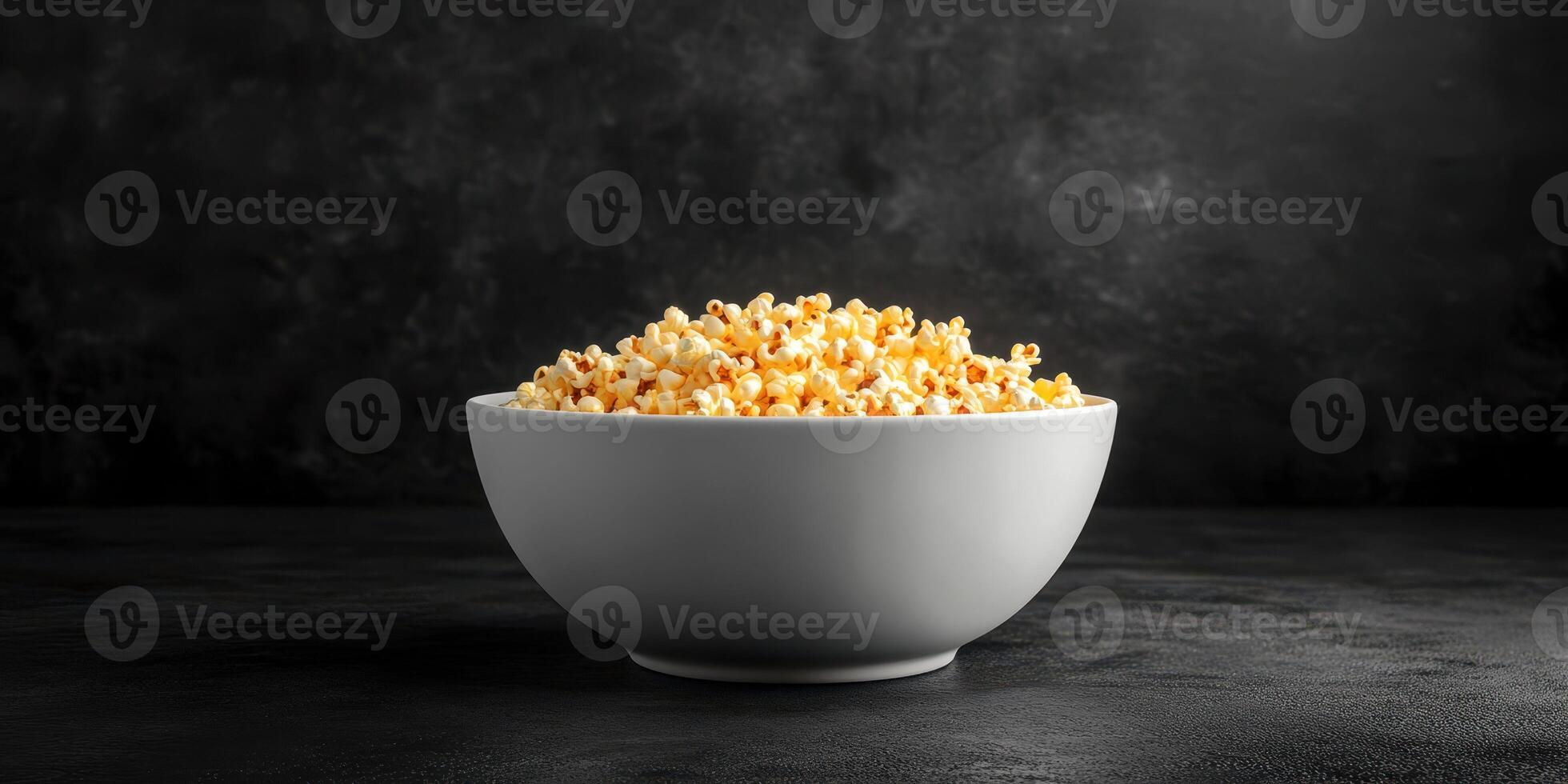 Golden popcorn piled high in a white bowl against a dark background creating a cozy snack atmosphere photo