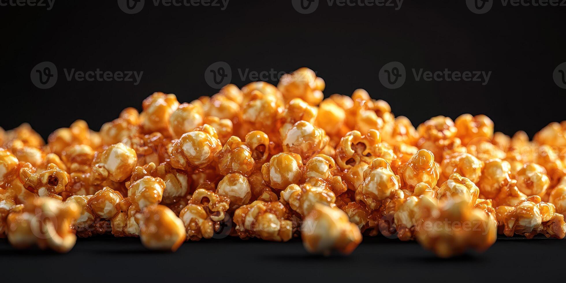 Satisfying golden caramel popcorn piled against a dark backdrop ready for a movie night or snack time photo