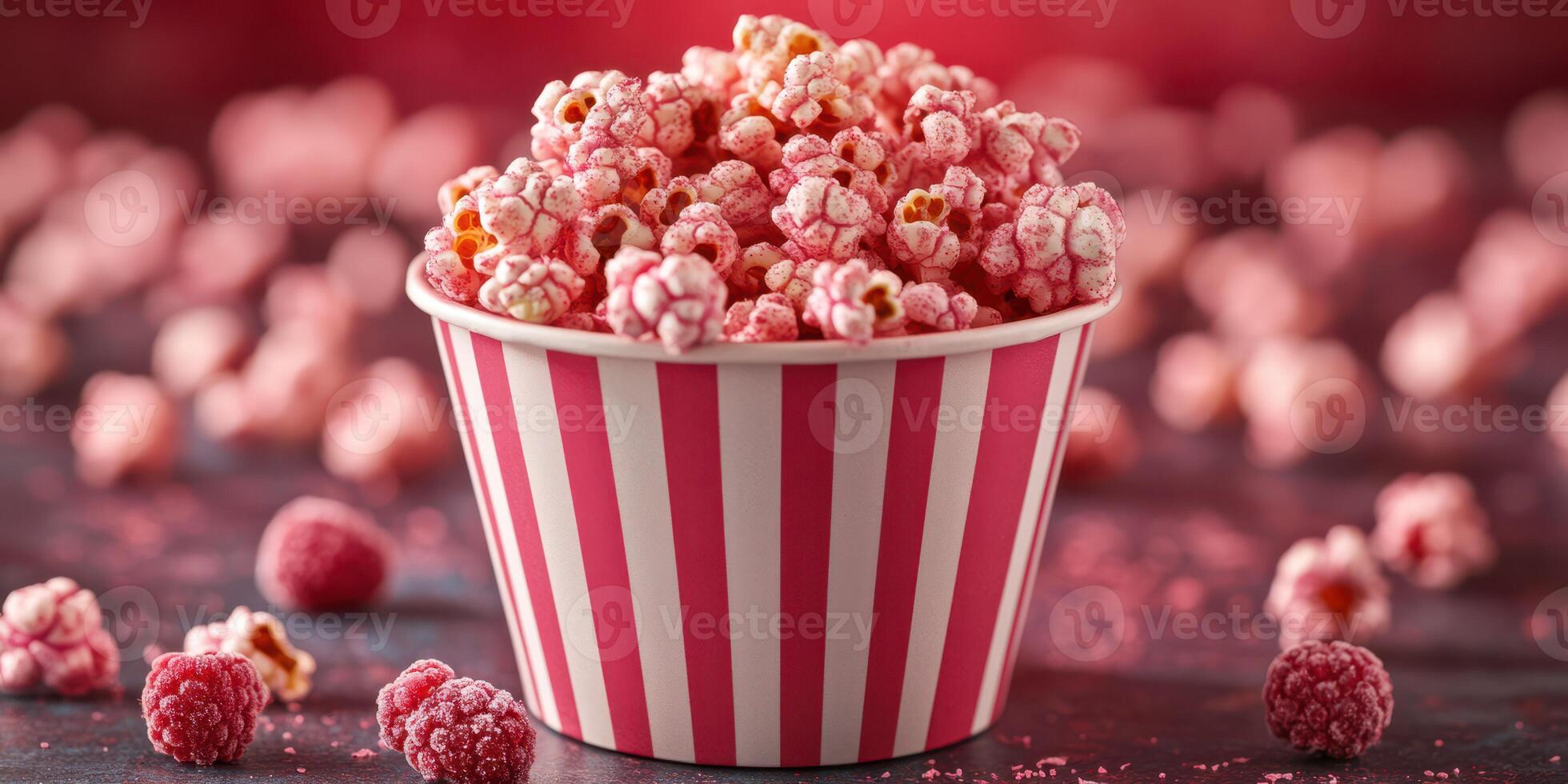 Colorful pink popcorn in a striped cup surrounded by scattered raspberries on a dark surface photo