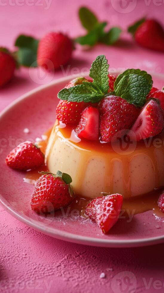 Fresh strawberries and caramel flan served on a pink plate during a bright afternoon photo