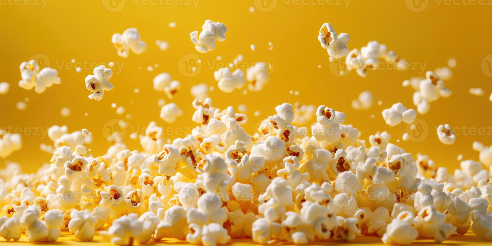 Popcorn kernels flying in the air against a vibrant yellow background during a festive movie night photo