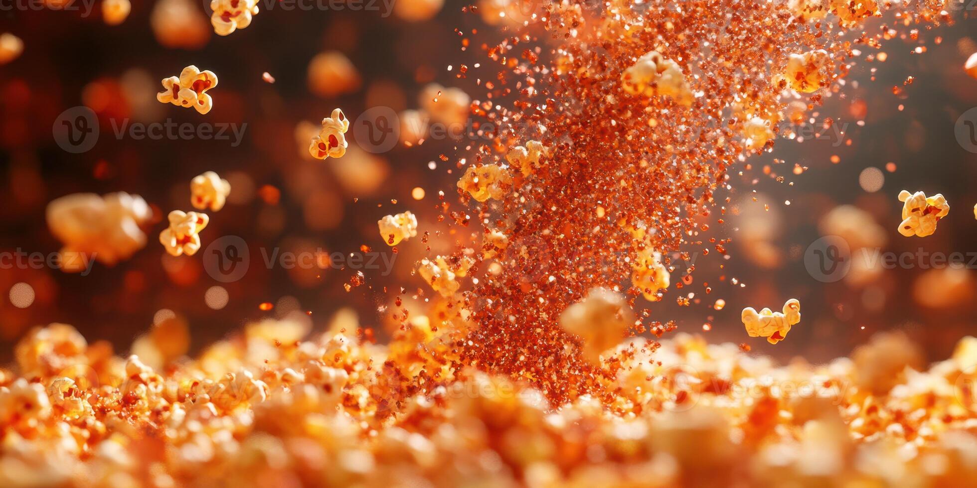 Popcorn bursts into the air with vibrant spices creating an appetizing spectacle in a cozy kitchen setting photo