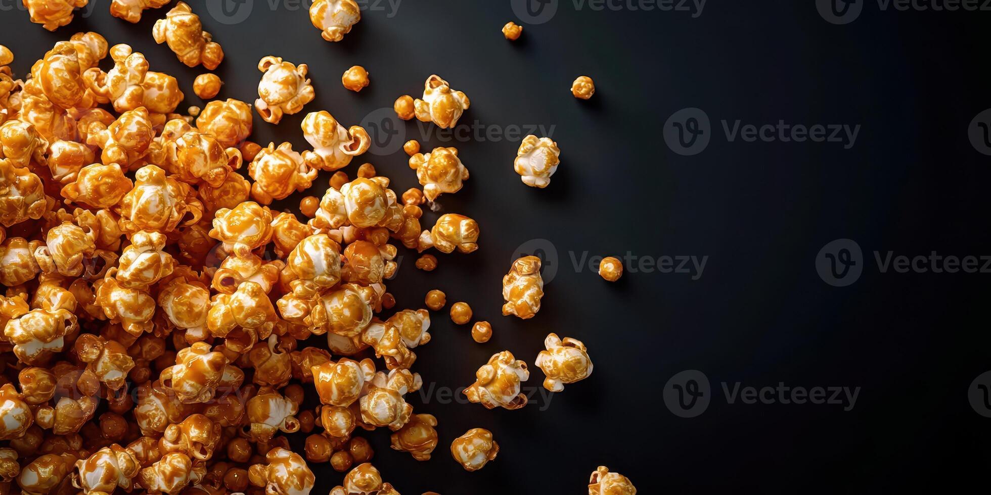 Delicious caramel popcorn scattered on a dark surface inviting indulgence and enjoyment at movie night photo