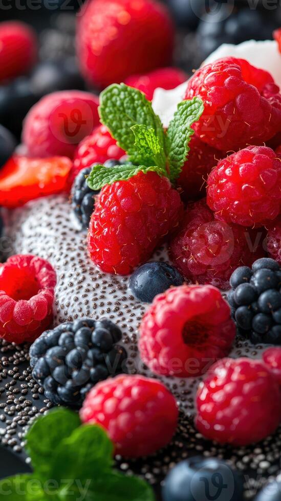 Fresh berries on creamy chia pudding garnished with mint in a vibrant dessert arrangement photo
