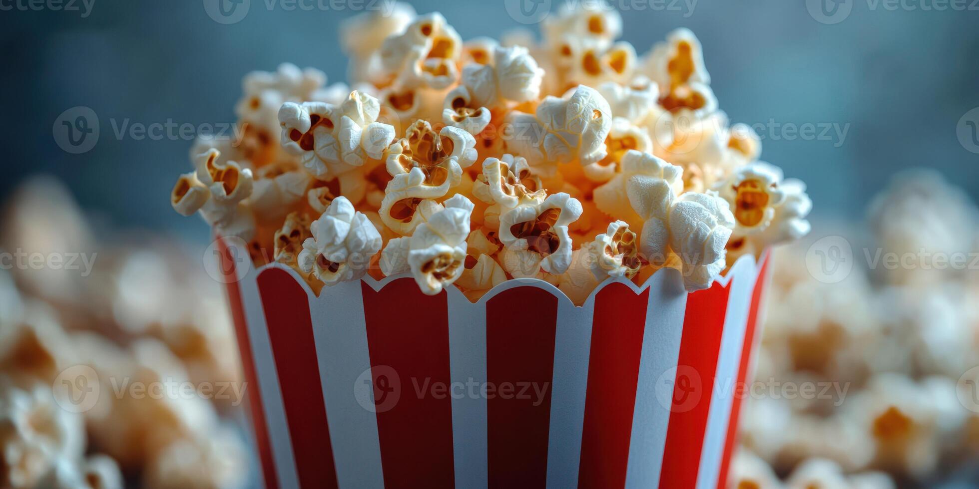 Popcorn overflowing from a classic red and white striped container at a movie night celebration photo