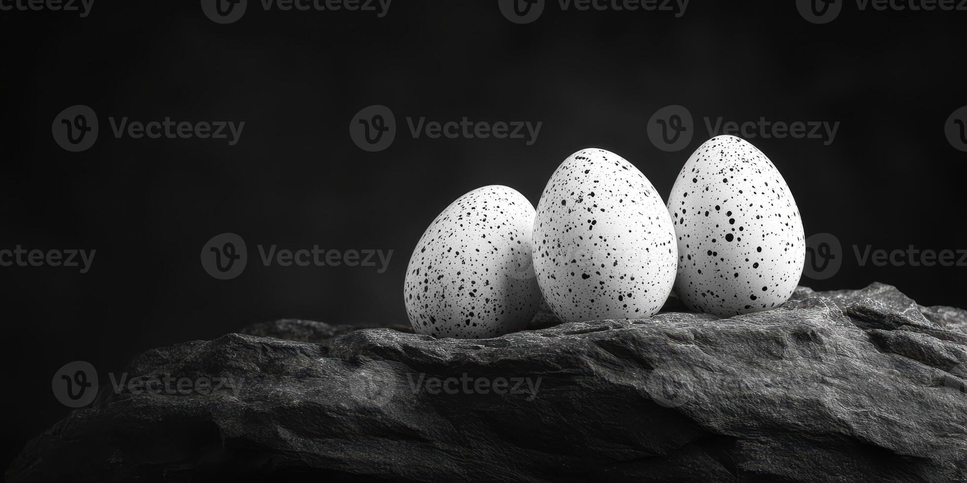 Three speckled eggs resting on a rocky surface creating a striking monochrome display photo
