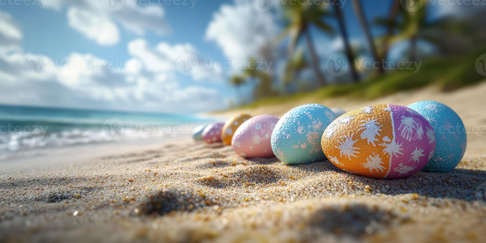 Colorful Easter eggs lined up on a sandy beach under a bright sky photo