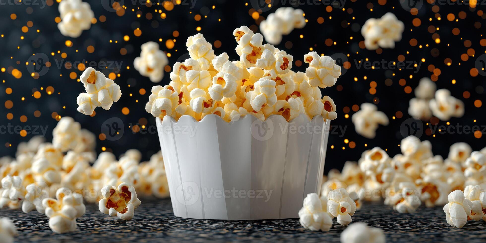 Freshly popped popcorn spills from a white bucket against a dark background with shimmering golden particles photo