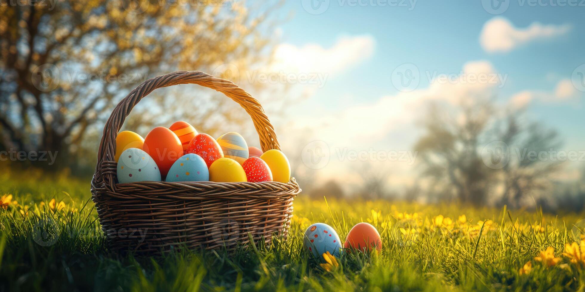 Colorful Easter eggs in a wicker basket on a sunny grassy field during springtime photo