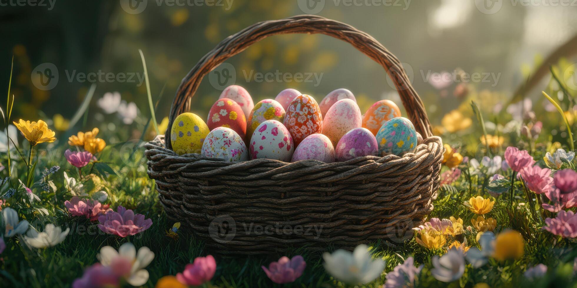Colorful Easter eggs arranged in a wicker basket amidst blooming flowers on a sunny day photo