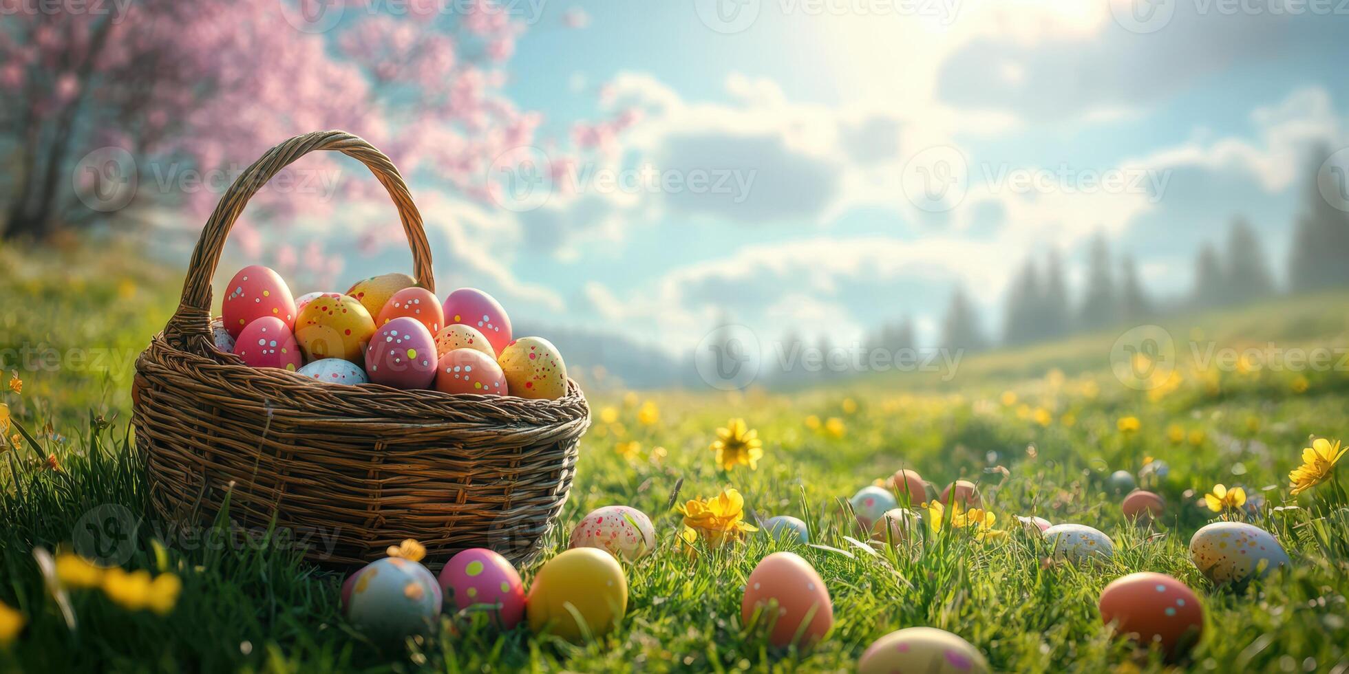 Colorful Easter eggs in a wicker basket surrounded by flowers on a sunny spring day in a serene meadow photo