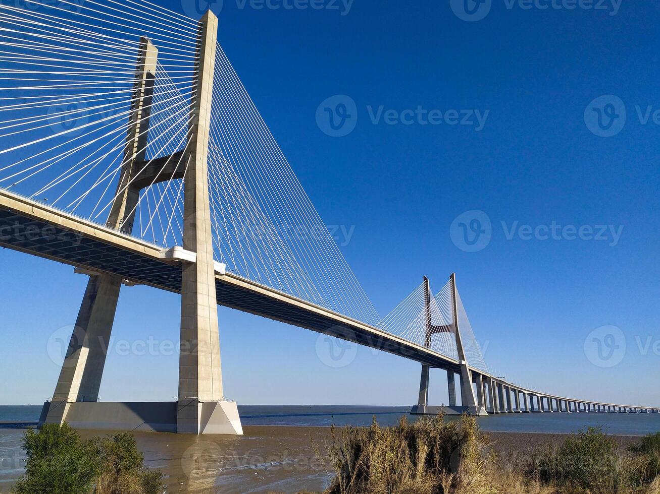 Stuning cablestayed bridge spannig a vast waterway under a brilliant blue sky. Perfect for projects on infrastructure, travel, engineering, or transportation. photo