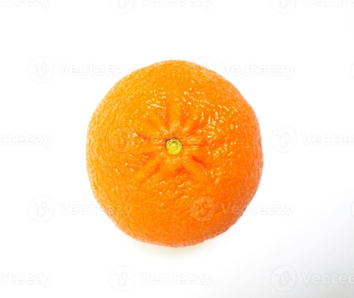 A vibrant, single orange, captured from a directly overhead perspective against a clean white background. photo