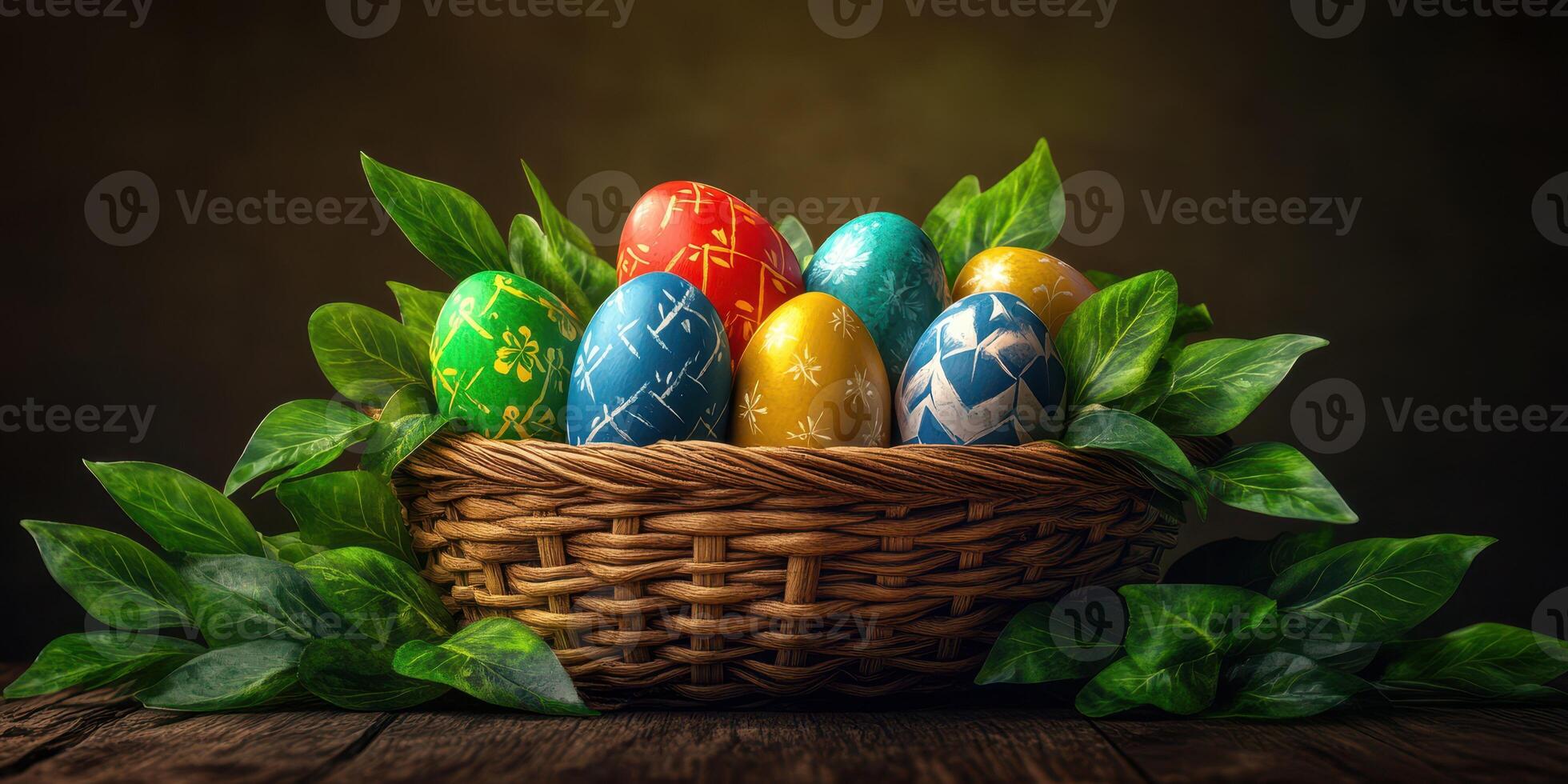Colorful Easter eggs arranged in a wicker basket surrounded by lush green leaves on a wooden table photo