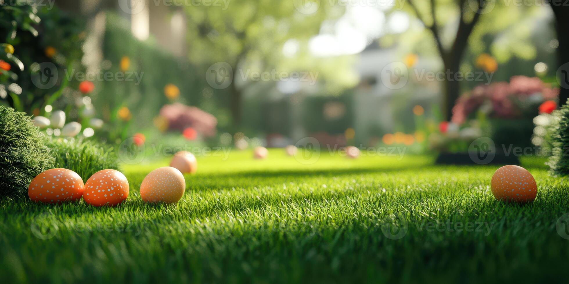 Colorful Easter eggs scattered on lush green grass in a vibrant spring garden during daylight hours photo