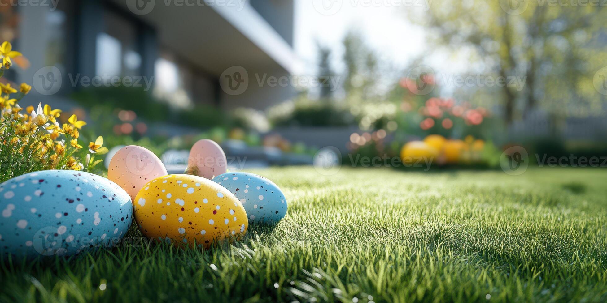 Colorful Easter eggs resting on lush green grass in a vibrant garden during springtime photo