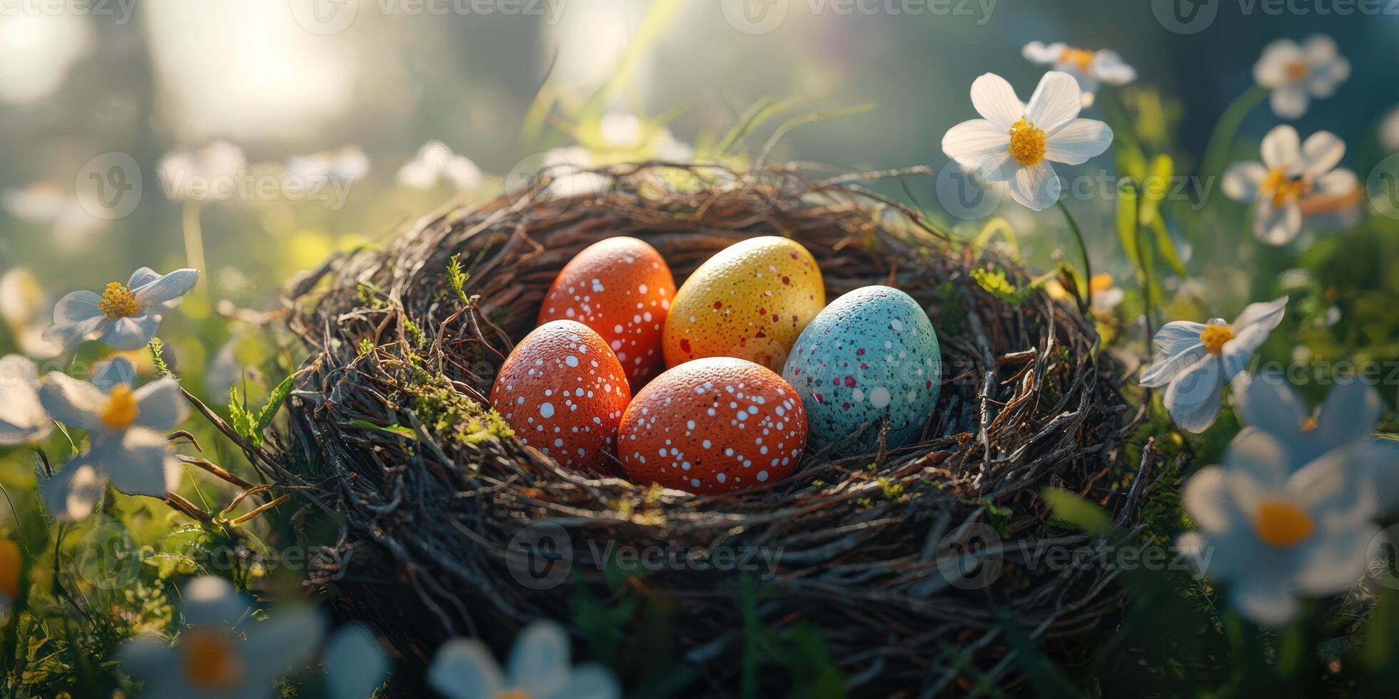Colorful easter eggs nestled in a nest surrounded by flowers in a serene green setting during springtime photo