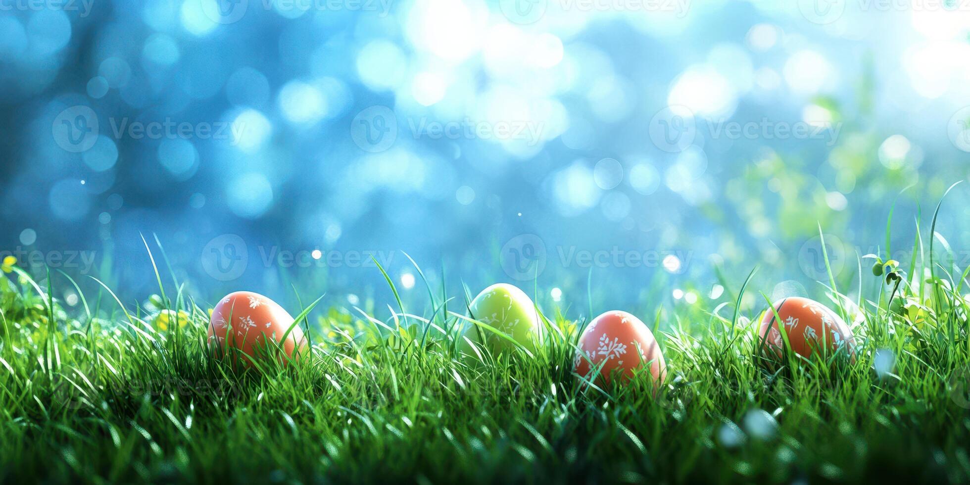 Colorful Easter eggs hidden among vibrant grass in a sunny spring meadow photo