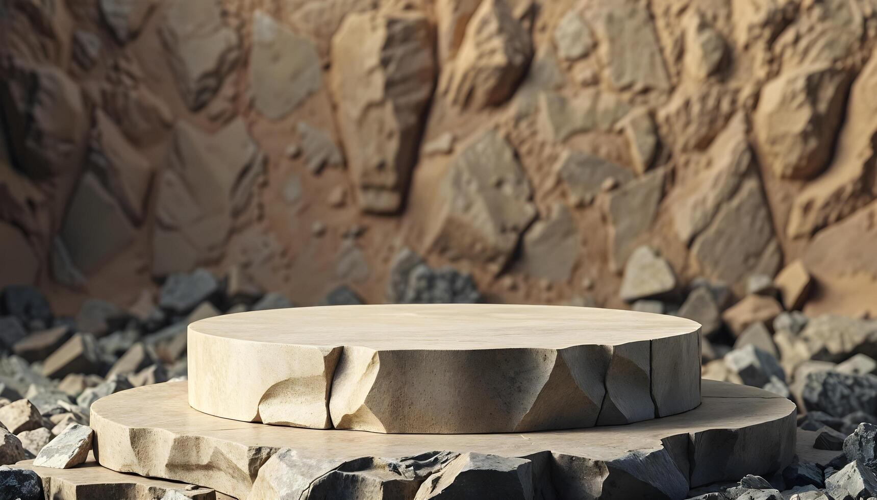 A circular stone Podium set against a backdrop of large, rugged rocks in Outdoor photo