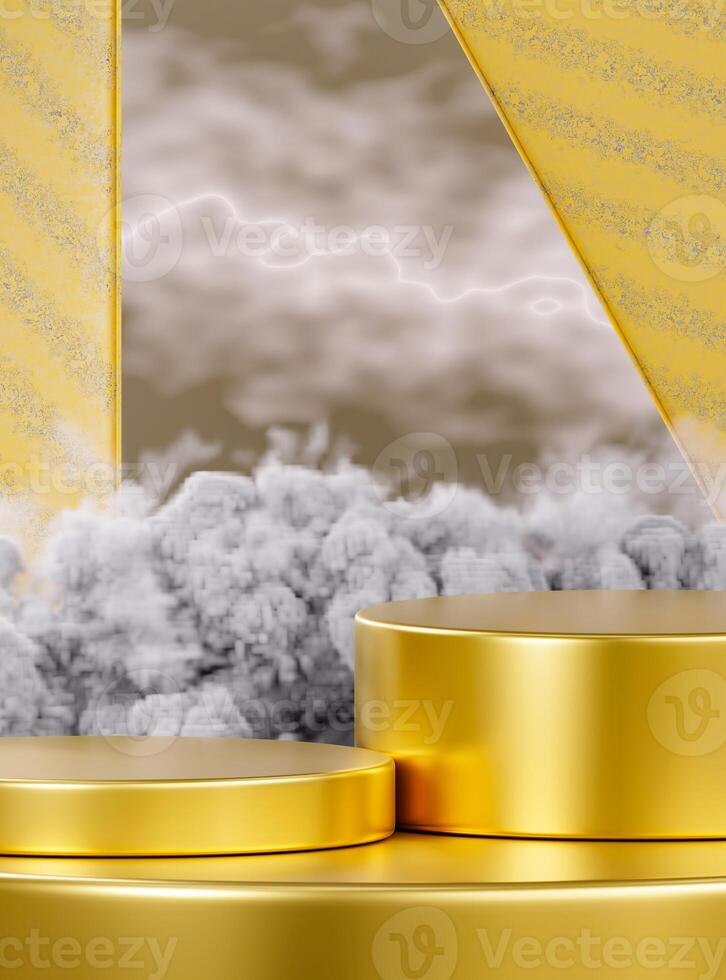 3d Golden Podium with Smoke Background, Golden Circular Podium for Luxury Product Display. photo
