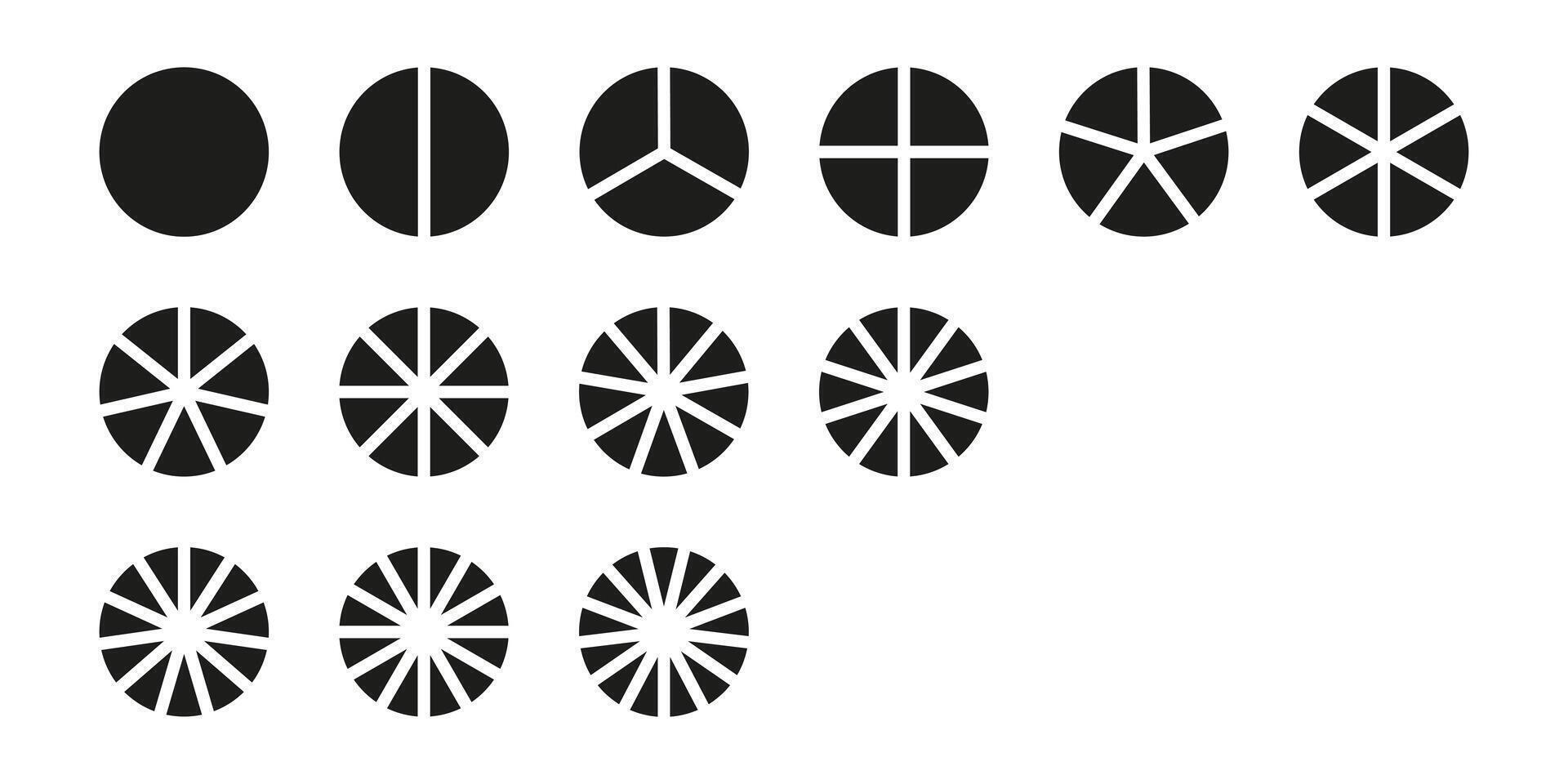 Circle division on from 1 to 13 equal parts collection. Infographic minimalist icons set. Coaching blank layout. Pie, pizza chart mockups. Wheel round divided diagrams from one to thirteen segments. vector