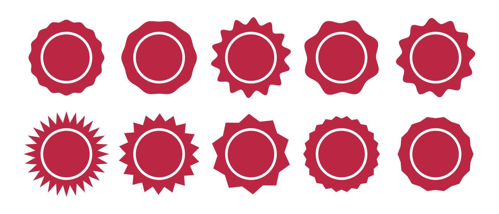 Set of circle stickers. Wavy edge promo red badges. Star burst shape tags for price. Blank sale backdrops. Minimalist silhouette. Flat vintage labels. Circle wax seals. vector