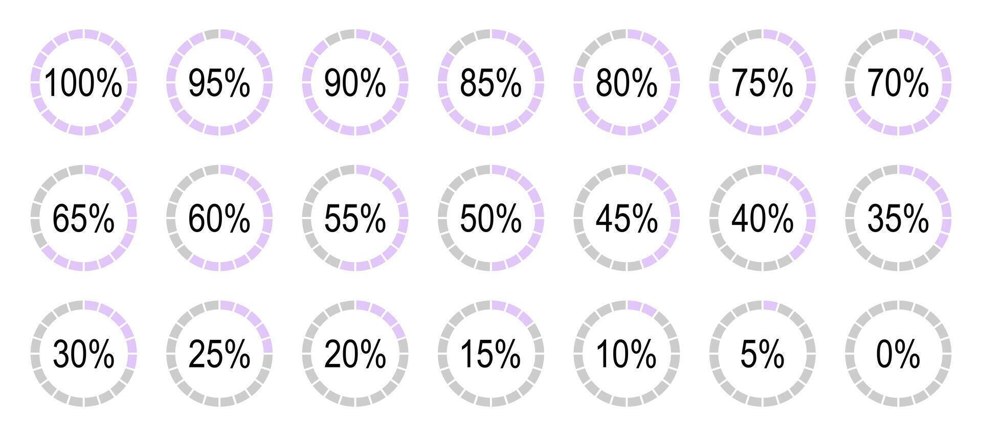 Percentage infographics elements. Set of round diagrams icons for infographics from 0 to 100 percents. Violet and grey colour fill pie, pizza charts indicator template. Circle graph loading progress. vector