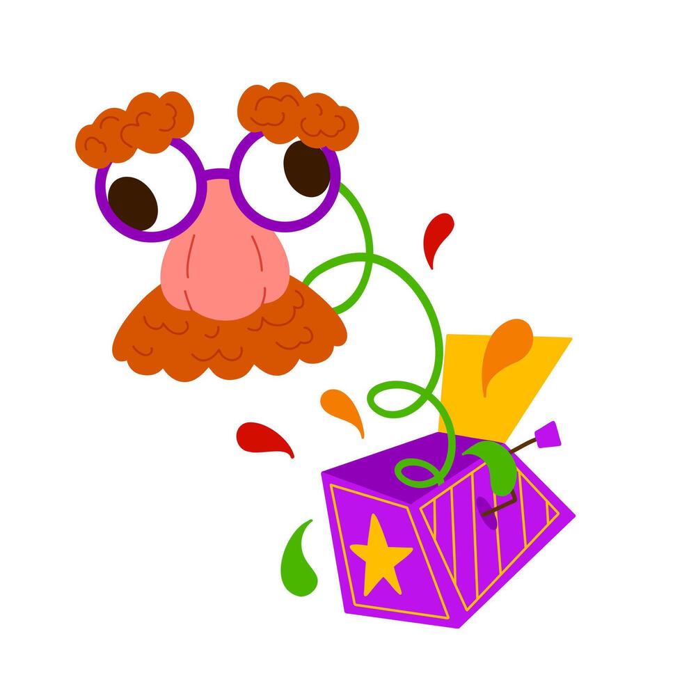 Jester springing from a jack-in-the-box illustration. Eyeglasses with fake nose and mustache for April jokes. Ideal for stickers, greeting cards, party decorations vector