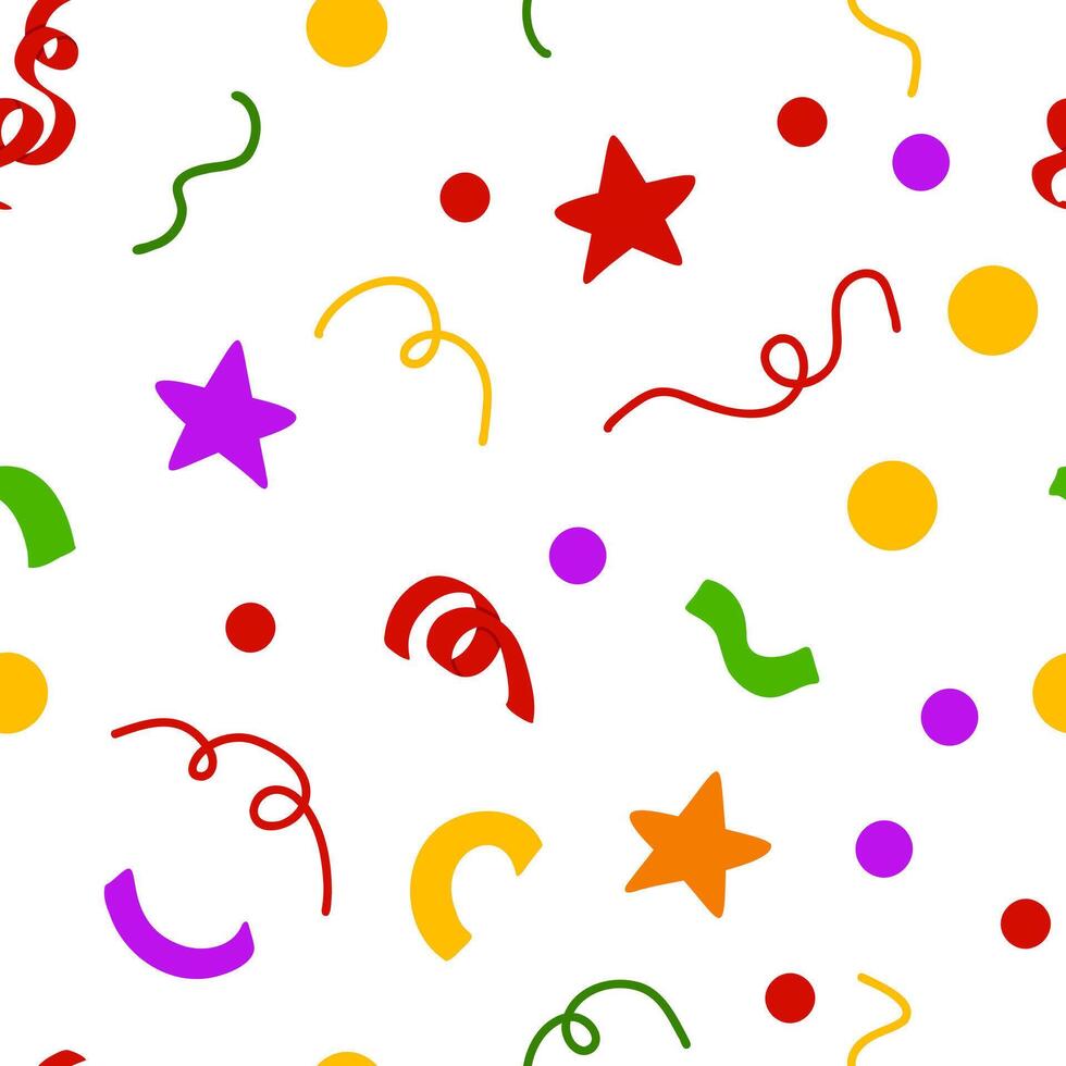 Abstract seamless pattern. Illustration with streamers, stars, confetti. Colourful doodle backdrop on white background for party decorations, print, wrapping, textile vector